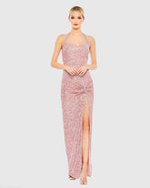 Sequined Halter Strap Low Side Knot Gown